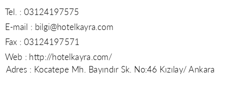 Ankara Kayra Hotel telefon numaralar, faks, e-mail, posta adresi ve iletiim bilgileri